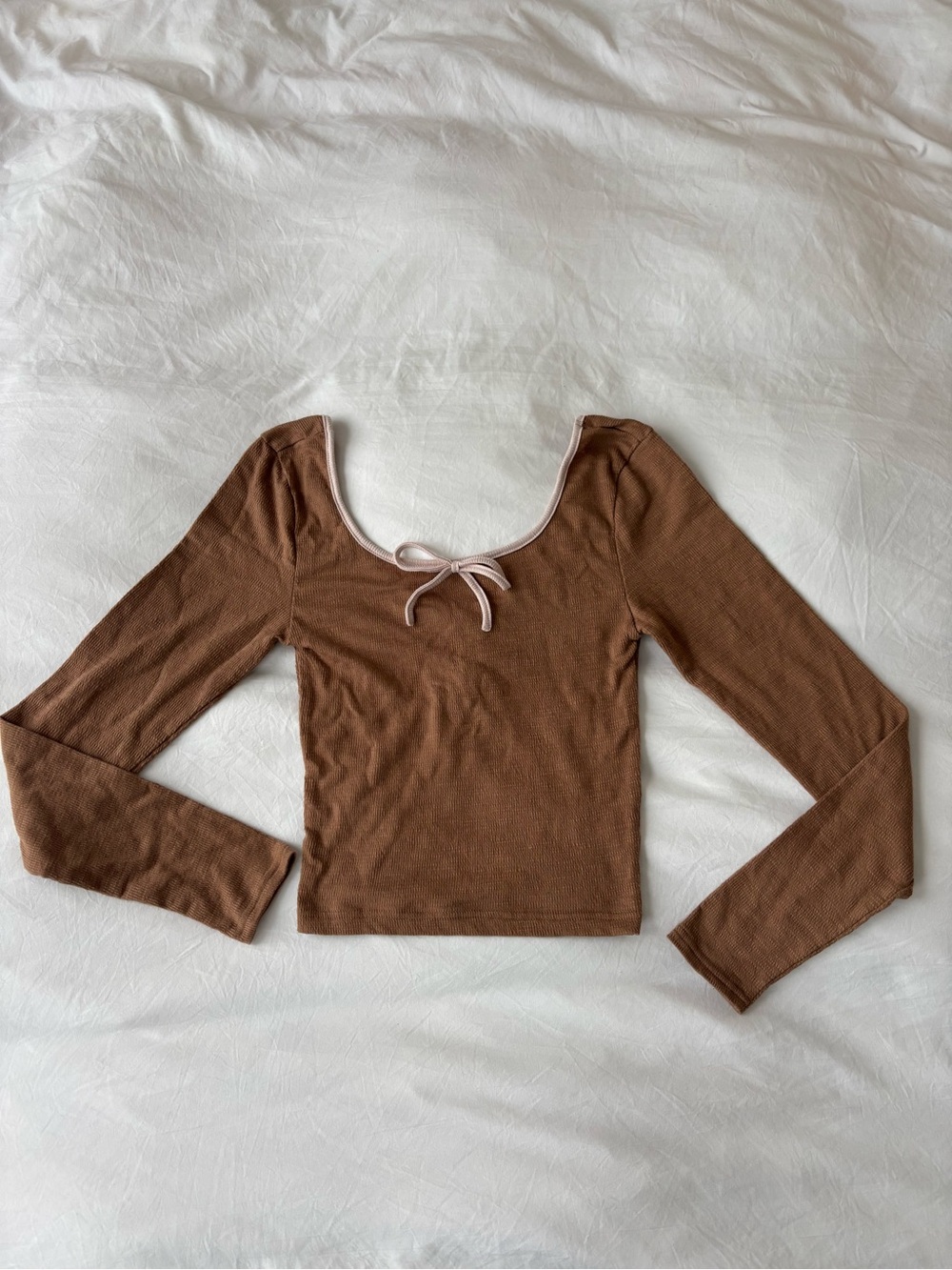 Brown Ribbed Lace Up Long Sleeve Top Size S